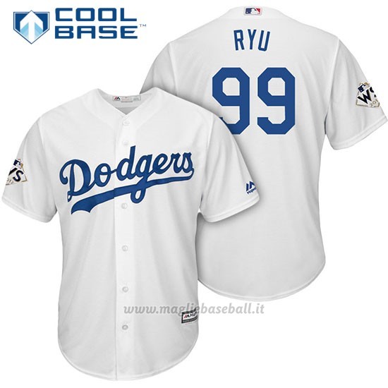 Maglia Baseball Uomo Los Angeles Dodgers 2017 World Series Hyun Jin Ryu Bianco Cool Base